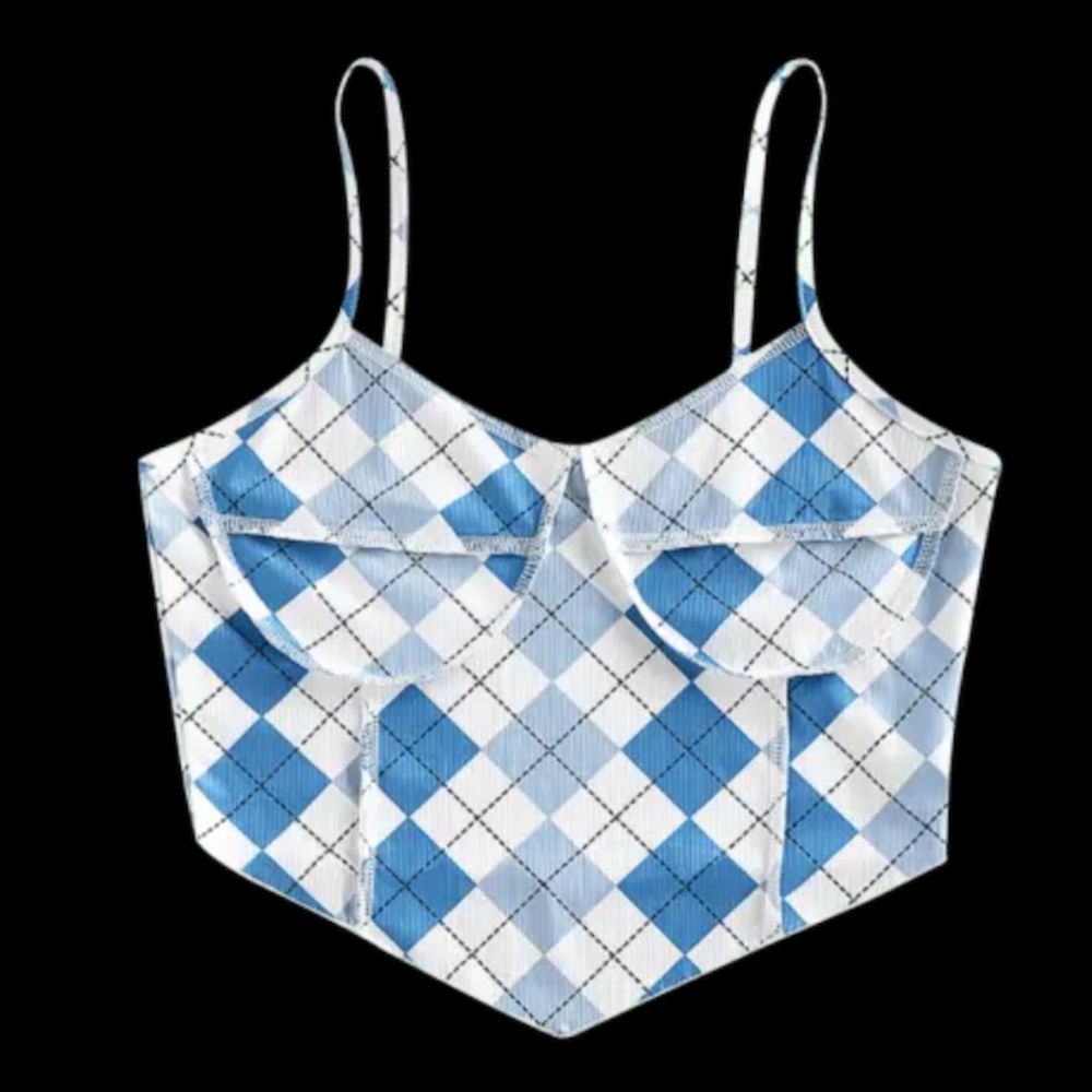 ZAFUL RIBBED SPAGHETTI STRAP CROP TOP, SIZE MEDIUM (US 6), BLUE/WHITE